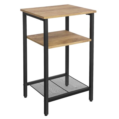 Kleiner Beistelltisch aus Holz mit schwarzem Metallgestell, einer Holzablage und einer unteren Netzablage.