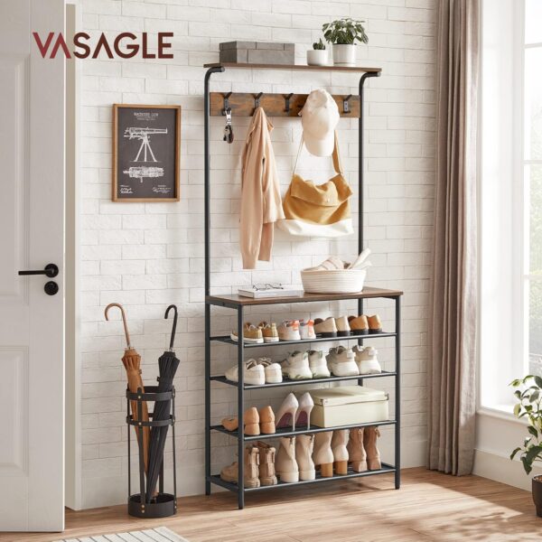 VASAGLE Garderobenständer 5 Doppelhaken, 5 Ebenen, obere Ablage, Industrie‑Design