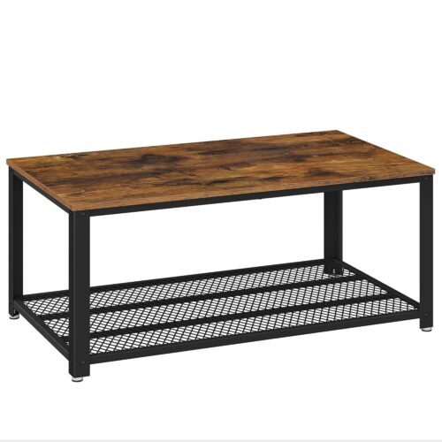 VASAGLE Couchtisch 2‑Ebenen Metallgestell verstellbare Füße – Vintage Braun/Schwarz