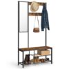 VASAGLE Garderobenständer Spiegel, Schuhbank, Haken – Vintage Braun/Schwarz, 36×98×185 cm
