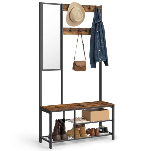 VASAGLE Garderobenständer Spiegel, Schuhbank, Haken – Vintage Braun/Schwarz, 36×98×185 cm