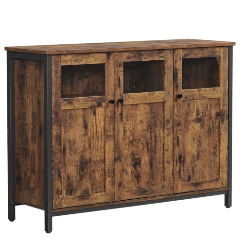 VASAGLE Sideboard Glastüren Stahlrahmen Industriestil Vintage Braun/Tintenschwarz