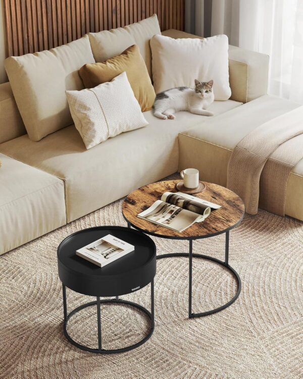 VASAGLE Couchtisch 2er‑Set runder Tisch versteckter Stauraum, Vintage‑Braun/Schwarz
