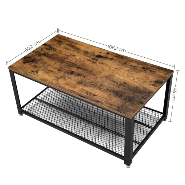 VASAGLE Couchtisch 2‑Ebenen Metallgestell verstellbare Füße – Vintage Braun/Schwarz