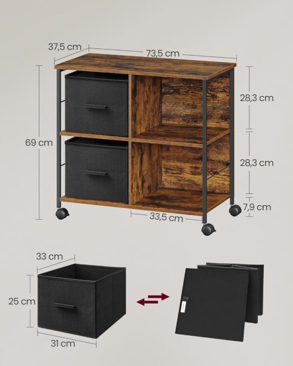 VASAGLE Aktenschrank 2 Stoffschubladen offene Ablagen vintagebraun‑tintenschwarz A4‑Kompatibel
