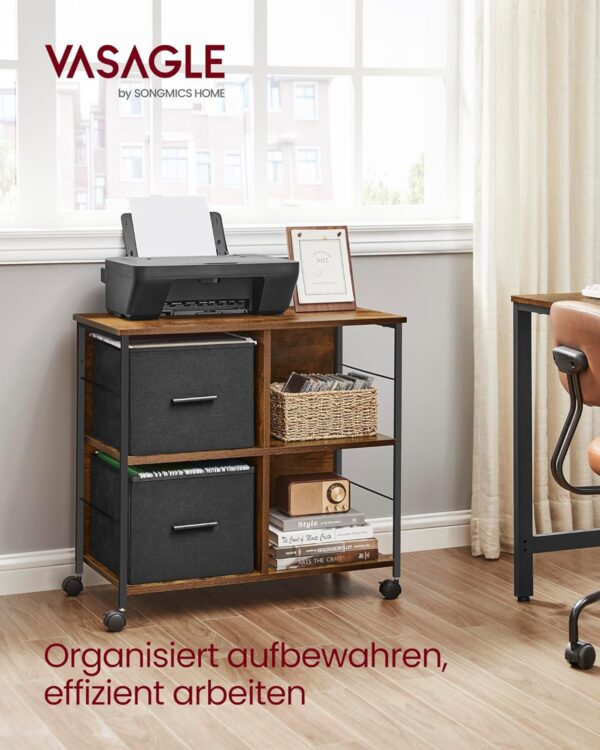 VASAGLE Aktenschrank 2 Stoffschubladen offene Ablagen vintagebraun‑tintenschwarz A4‑Kompatibel