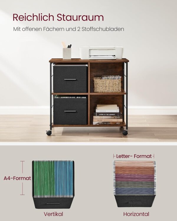 VASAGLE Aktenschrank 2 Stoffschubladen offene Ablagen vintagebraun‑tintenschwarz A4‑Kompatibel