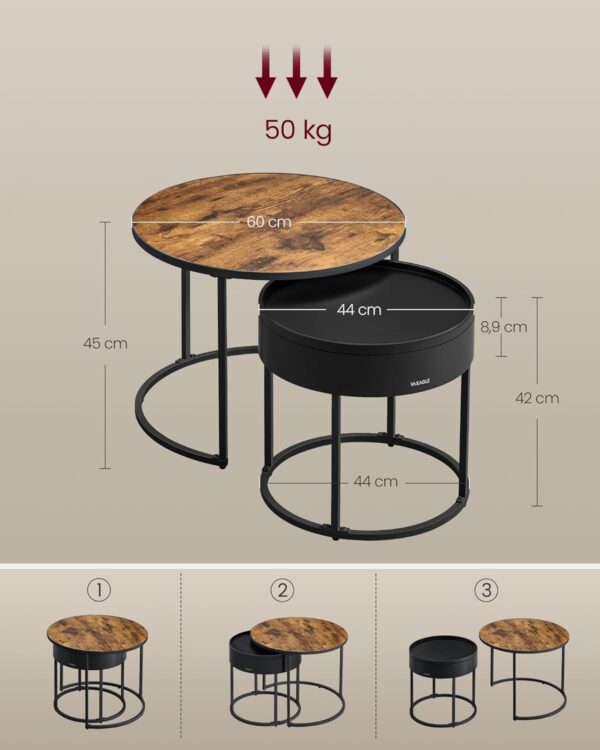 VASAGLE Couchtisch 2er‑Set runder Tisch versteckter Stauraum, Vintage‑Braun/Schwarz