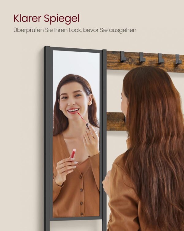 VASAGLE Garderobenständer Spiegel, Schuhbank, Haken – Vintage Braun/Schwarz, 36×98×185 cm