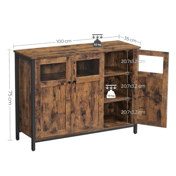 VASAGLE Sideboard Glastüren Stahlrahmen Industriestil Vintage Braun/Tintenschwarz