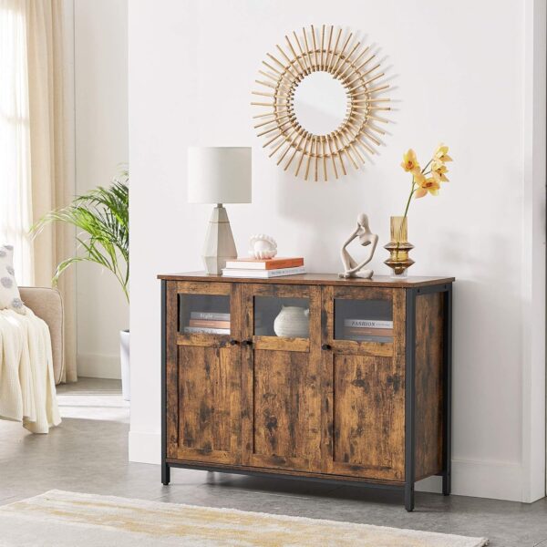 VASAGLE Sideboard Glastüren Stahlrahmen Industriestil Vintage Braun/Tintenschwarz