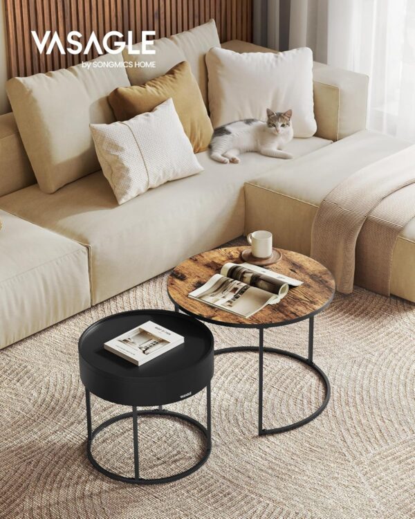 VASAGLE Couchtisch 2er‑Set runder Tisch versteckter Stauraum, Vintage‑Braun/Schwarz
