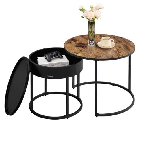 VASAGLE Couchtisch 2er‑Set runder Tisch versteckter Stauraum, Vintage‑Braun/Schwarz