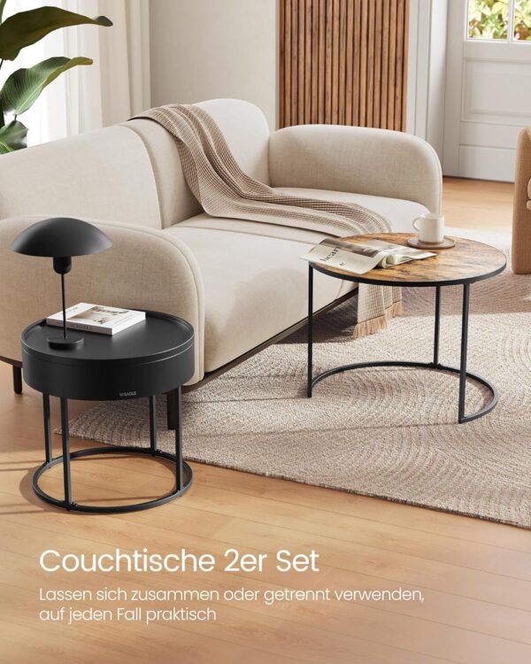 VASAGLE Couchtisch 2er‑Set runder Tisch versteckter Stauraum, Vintage‑Braun/Schwarz
