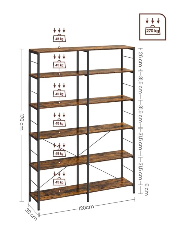 VASAGLE Bücherregal 6‑Ebenen Industrie‑Design 30×120×170 cm vintagebraun‑tintenschwarz
