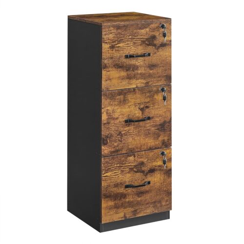 VASAGLE Aktenschrank 3 abschließbare Schubl., verstellbare Hängest., vintagebraun‑schwarz
