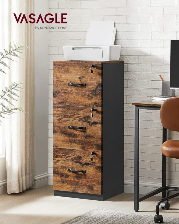 VASAGLE Aktenschrank 3 abschließbare Schubl., verstellbare Hängest., vintagebraun‑schwarz