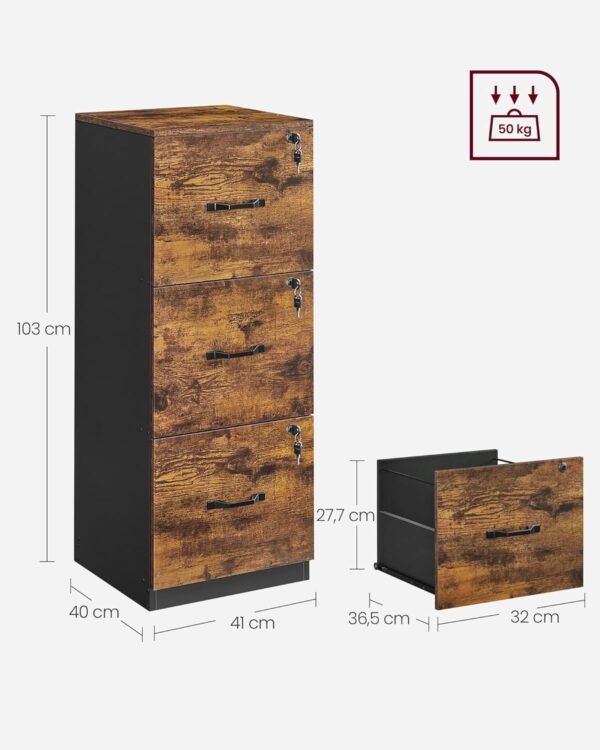 VASAGLE Aktenschrank 3 abschließbare Schubl., verstellbare Hängest., vintagebraun‑schwarz