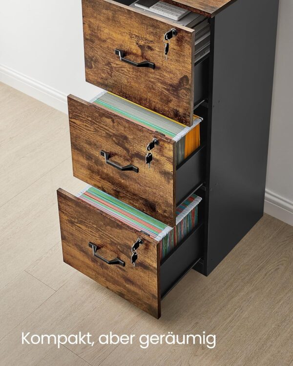 VASAGLE Aktenschrank 3 abschließbare Schubl., verstellbare Hängest., vintagebraun‑schwarz