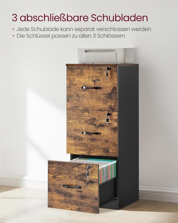 VASAGLE Aktenschrank 3 abschließbare Schubl., verstellbare Hängest., vintagebraun‑schwarz