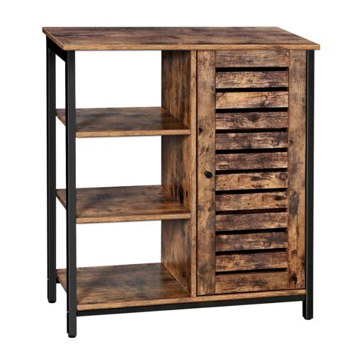 VASAGLE Aufbewahrungsmöbel Sideboard – 3 Regale, Türfach, Stahlrahmen, Industriestil, Braun/Schwarz