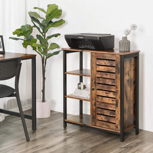 VASAGLE Aufbewahrungsmöbel Sideboard – 3 Regale, Türfach, Stahlrahmen, Industriestil, Braun/Schwarz