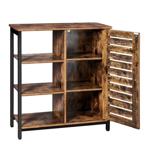 VASAGLE Aufbewahrungsmöbel Sideboard – 3 Regale, Türfach, Stahlrahmen, Industriestil, Braun/Schwarz