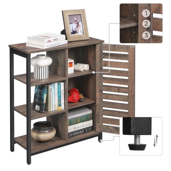 VASAGLE Aufbewahrungsmöbel Sideboard – 3 Regale, Türfach, Stahlrahmen, Industriestil, Braun/Schwarz