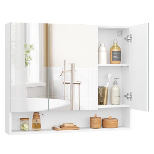 VASAGLE Badezimmerschrank 3‑Tür Spiegel verstellbare Ablagen, wolkenweiß 16,5 x 90 x 75 cm