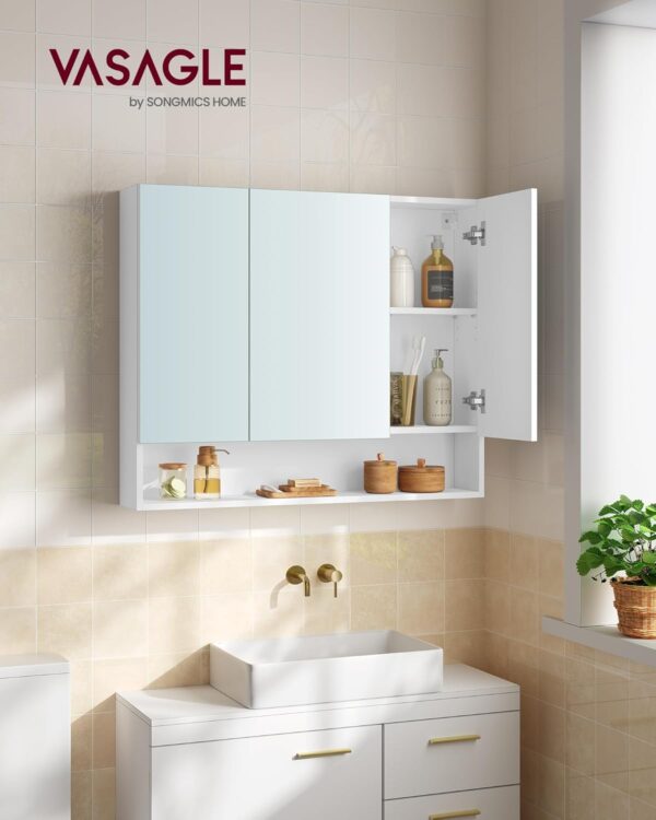 VASAGLE Badezimmerschrank 3‑Tür Spiegel verstellbare Ablagen, wolkenweiß 16,5 x 90 x 75 cm