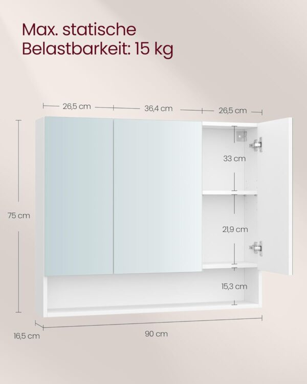 VASAGLE Badezimmerschrank 3‑Tür Spiegel verstellbare Ablagen, wolkenweiß 16,5 x 90 x 75 cm