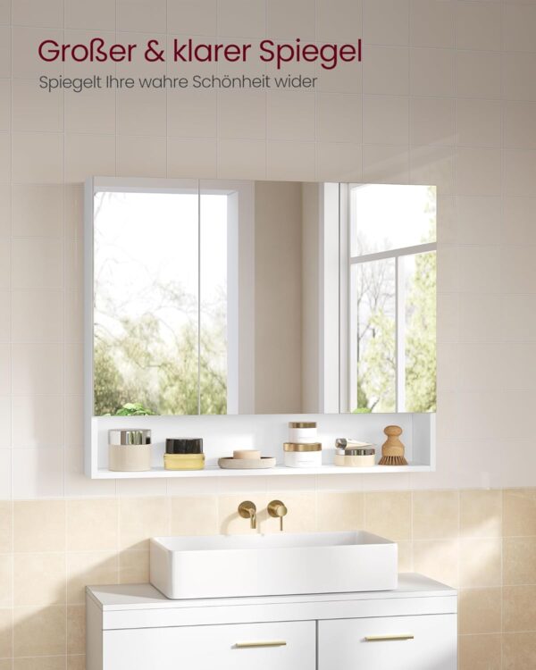 VASAGLE Badezimmerschrank 3‑Tür Spiegel verstellbare Ablagen, wolkenweiß 16,5 x 90 x 75 cm