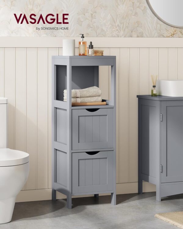 VASAGLE Badezimmerschrank freistehend 2 Schubladen + offenes Fach, modern Taubengrau