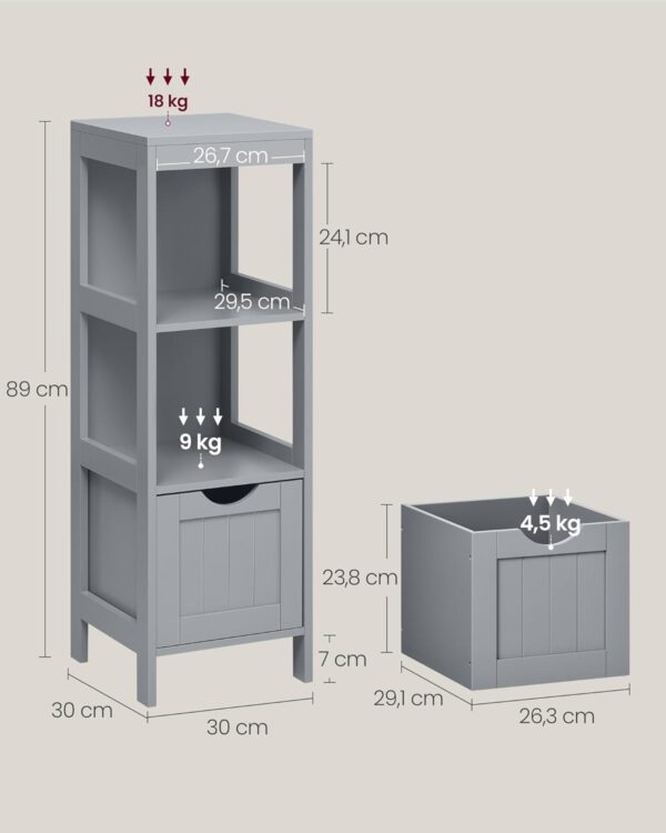 VASAGLE Badezimmerschrank freistehend 2 Schubladen + offenes Fach, modern Taubengrau
