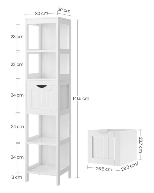 VASAGLE Badezimmerschrank 2 Schubladen, offene Fächer, freistehend, modern weiß