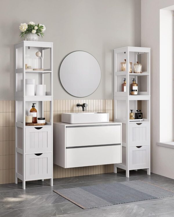 VASAGLE Badezimmerschrank 2 Schubladen, offene Fächer, freistehend, modern weiß