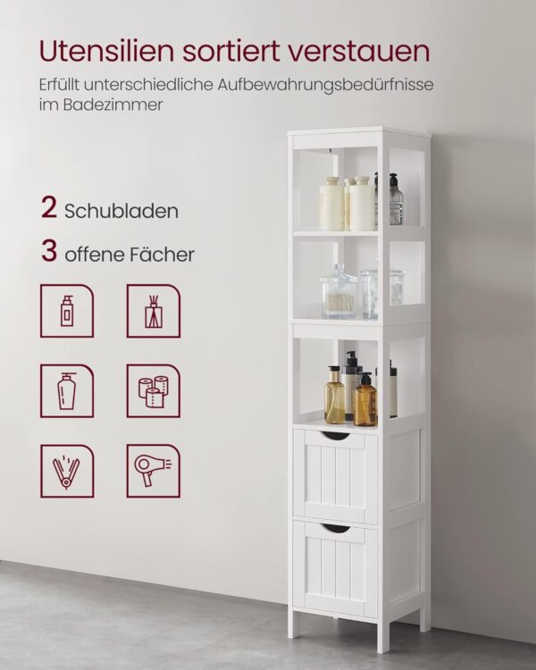 VASAGLE Badezimmerschrank 2 Schubladen, offene Fächer, freistehend, modern weiß