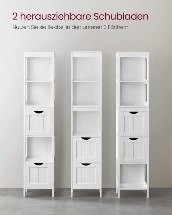 VASAGLE Badezimmerschrank 2 Schubladen, offene Fächer, freistehend, modern weiß