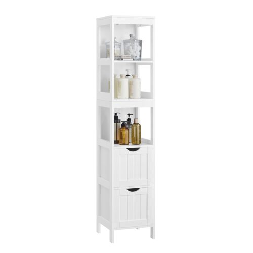 VASAGLE Badezimmerschrank 2 Schubladen, offene Fächer, freistehend, modern weiß