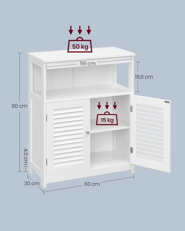 VASAGLE Badezimmerschrank 30x60x80 cm, 2‑Tür, offenes Fach, weiß