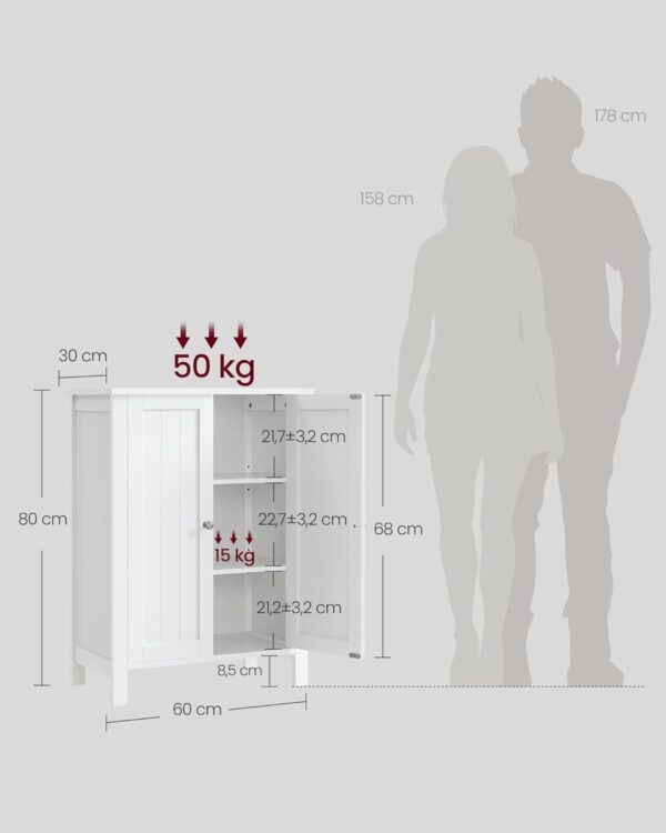 VASAGLE Badezimmerschrank freistehend 2 Türen, 2 verstellbare Regalböden, weiß BCB60W