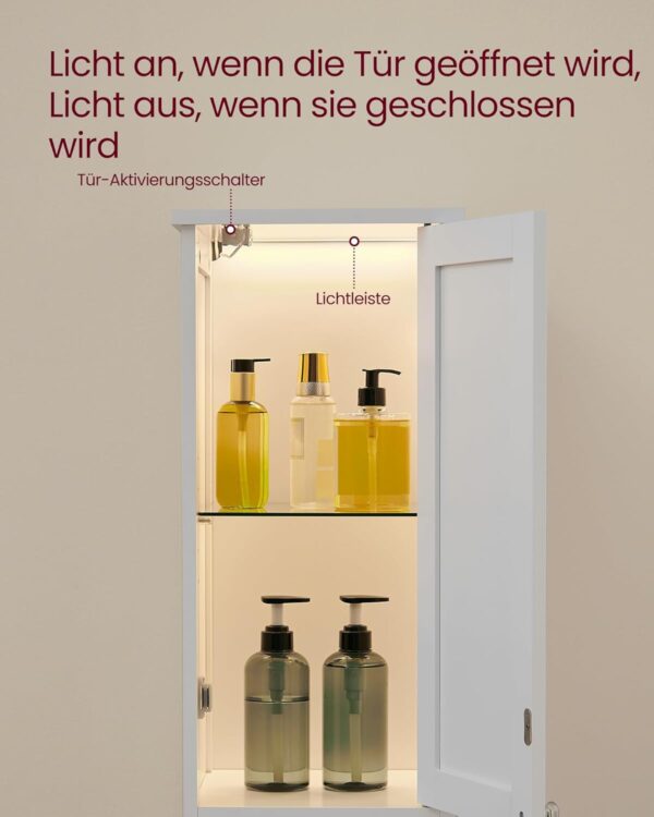 VASAGLE Badezimmerschrank mit Beleuchtung, verstellbaren Ablagen, schlank in wolkenweiß