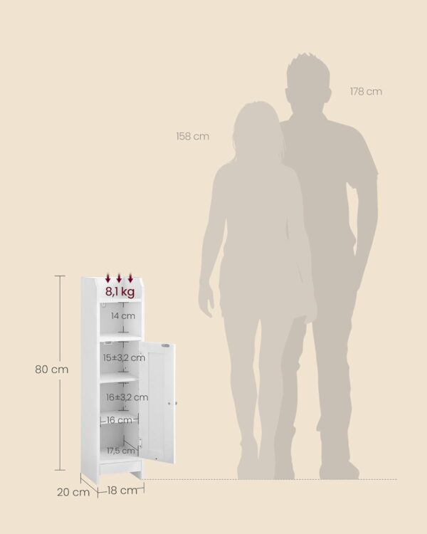 VASAGLE Badschrank, schmales Badregal, verstellbare Ablagen, platzsparend, weiß