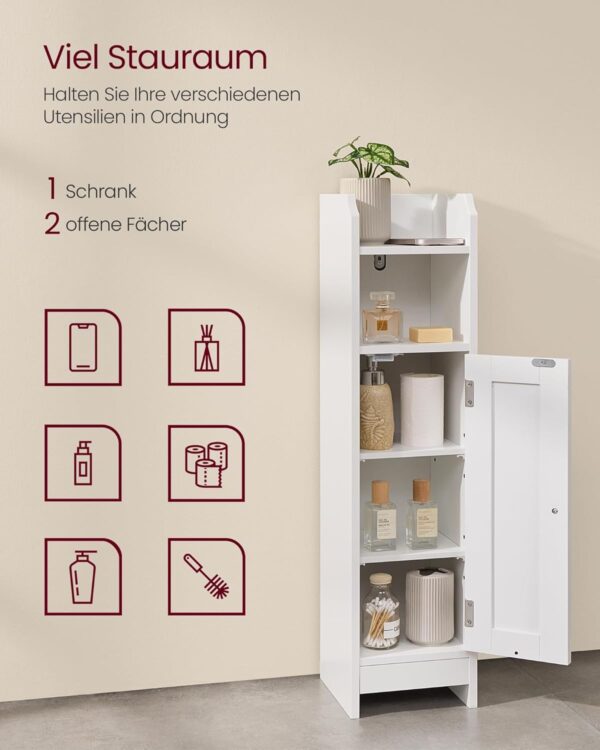 VASAGLE Badschrank, schmales Badregal, verstellbare Ablagen, platzsparend, weiß