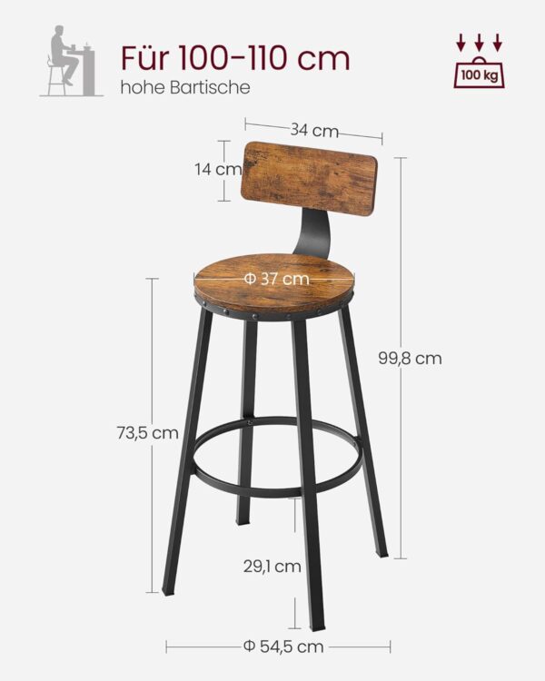 VASAGLE Barhocker 2er Set 73 cm Sitzhöhe Metallgestell vintagebraun‑schwarz