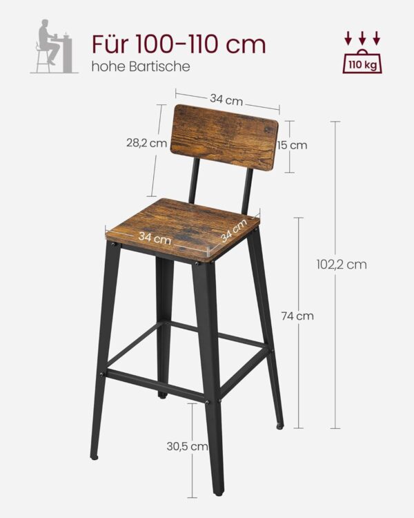 VASAGLE Barhocker 2er Set – Rückenlehne, Stahlgestell, Industrie‑Design in Vintage Braun/Schwarz