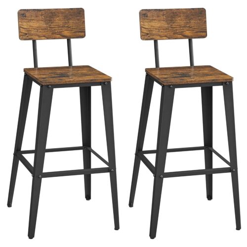 VASAGLE Barhocker 2er Set – Rückenlehne, Stahlgestell, Industrie‑Design in Vintage Braun/Schwarz