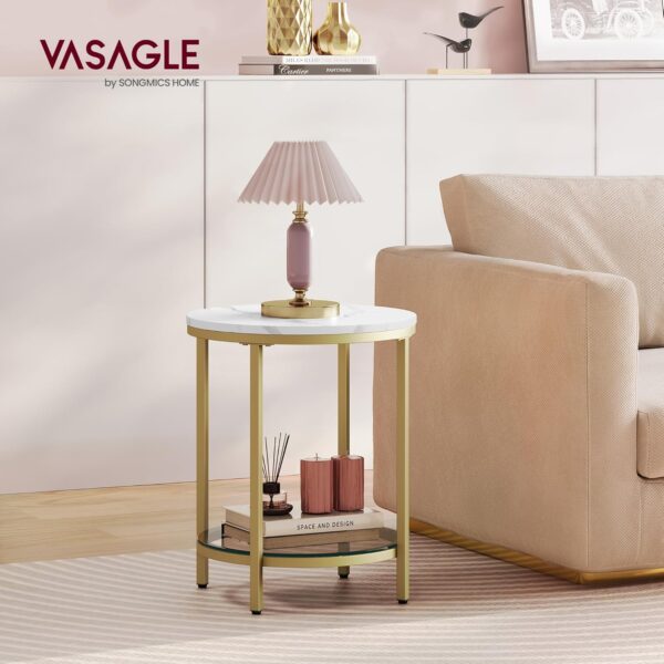 VASAGLE Beistelltisch 2‑Ebenen Hartglas modern marmorweiß‑Gold