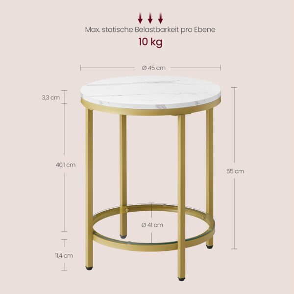 VASAGLE Beistelltisch 2‑Ebenen Hartglas modern marmorweiß‑Gold