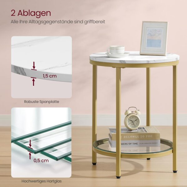 VASAGLE Beistelltisch 2‑Ebenen Hartglas modern marmorweiß‑Gold
